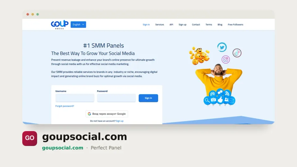 goupsocial.com homepage — #35 most popular SMM panel of 2026 by real orders